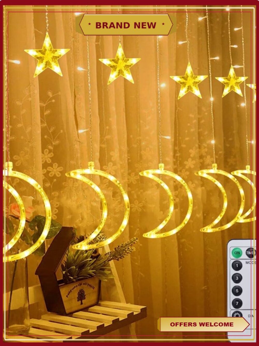 120 LED Curtain String Lights Star Moon Remote Fairy Hanging Decor